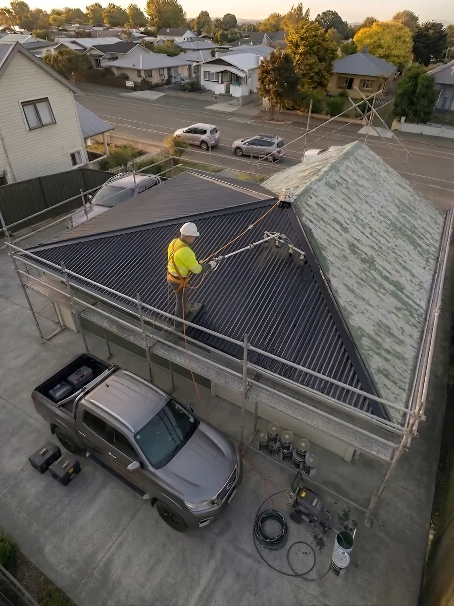 Roof painting in progress aerial view Napier
